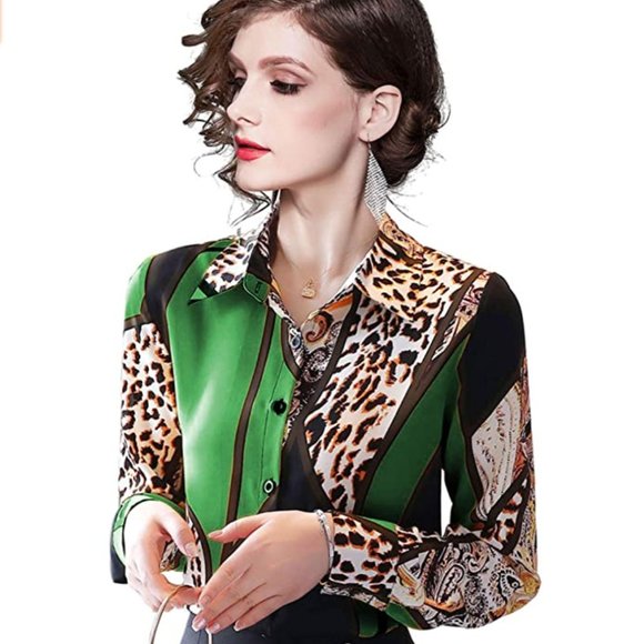 Tops - Fashion Leopard Contrast Long Sleeve Shirt Blouse Top